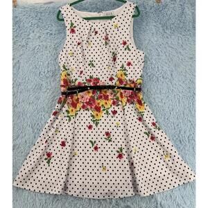 Elle Fit and Flare Sleeveless Dress Sz XL White Polka Dots and Floral Belted